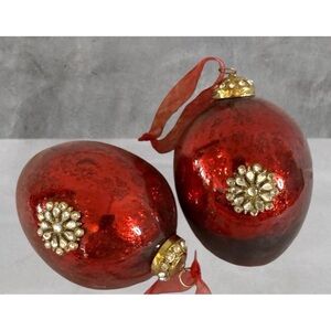LARGE Red Glass KUGEL Holiday Ornaments with Gold Jewel Accents - Pack of 2